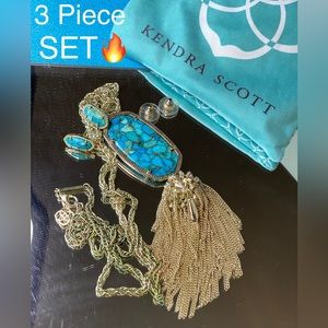 KENDRA SCOTT Golden Tassel Turquoise SET💙30” Chain+Earrings🔥NEW w/Dustbag+Card